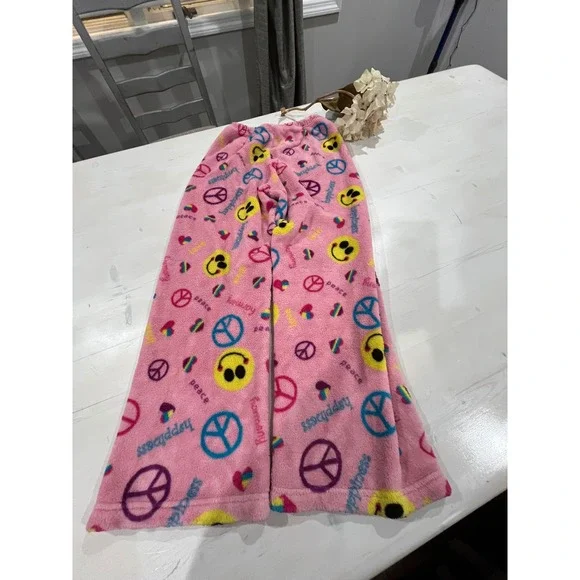 Heartmates Fuzzy Pajama Pants Smiley Peace Sign Pink Girls Size 12/14 or women S - Picture 7 of 7